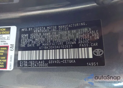2010 Toyota Camry Xle V6 z USA, uszkodzony, nr VIN 4T1BK3EK0AU102631